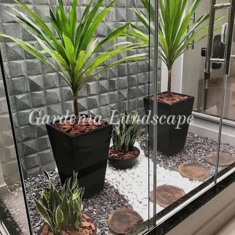 Taman mini di balik kaca, dengan dua tanaman tinggi dalam pot hitam, kerikil, dan potongan kayu bulat
