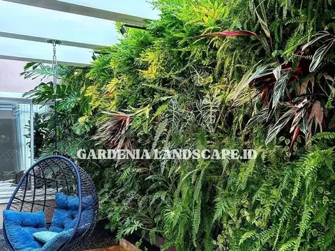Dinding tanaman rimbun di samping kursi gantung biru